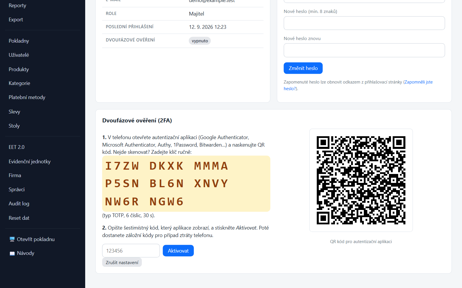 Nastavení dvoufázového ověření s QR kódem pro autentizační aplikaci