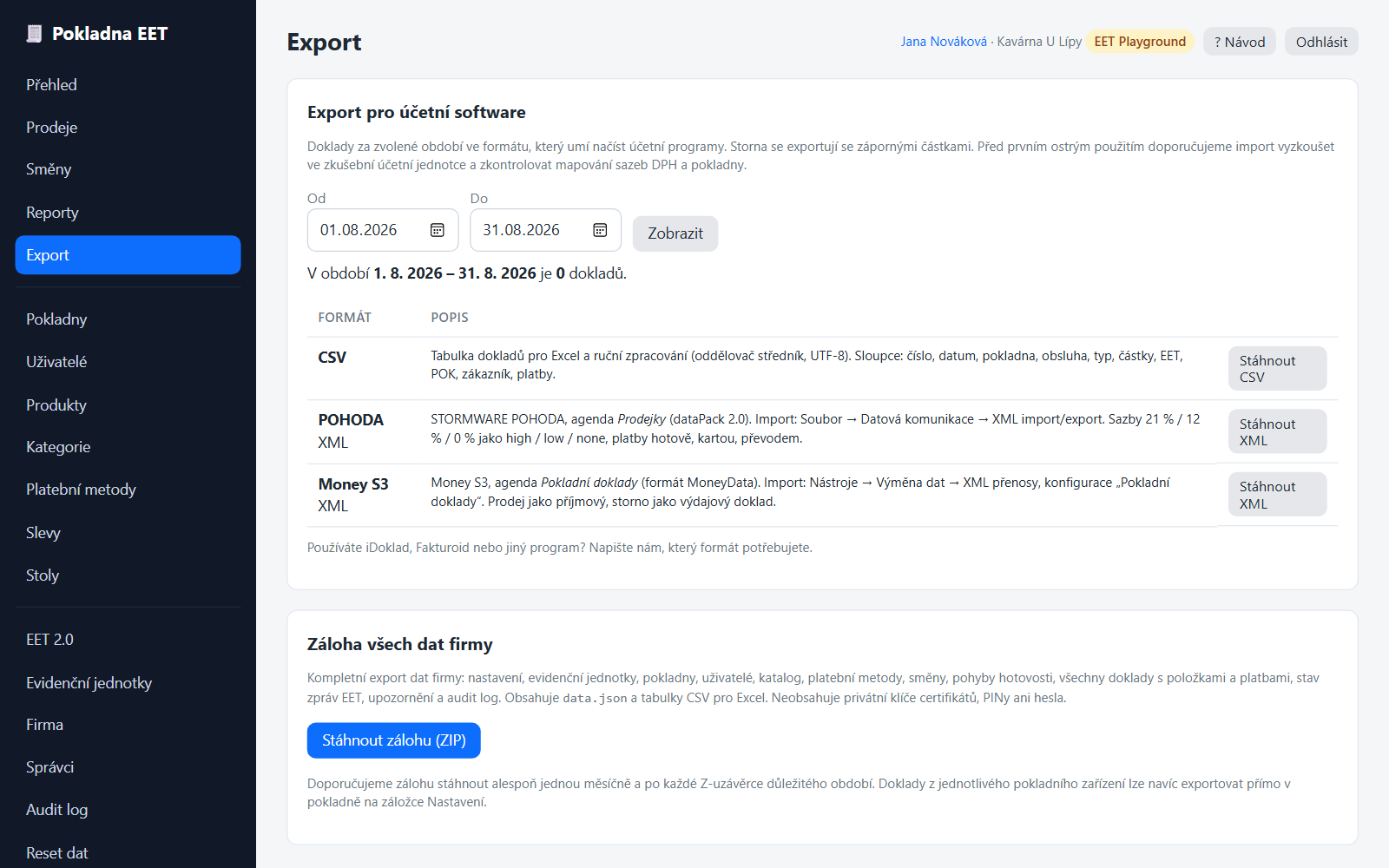 Export pro účetní: CSV, POHODA XML, Money S3 XML a záloha dat