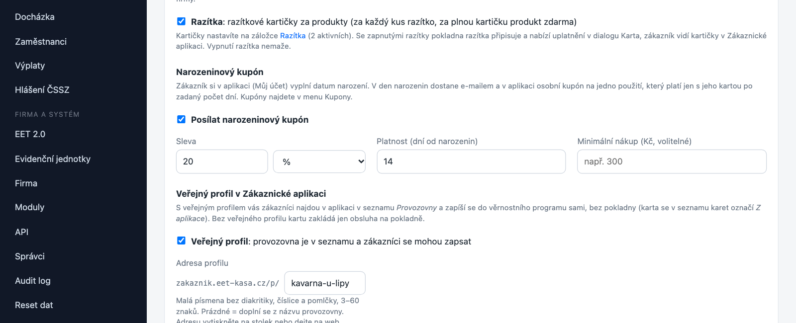 Nastavení narozeninového kupónu