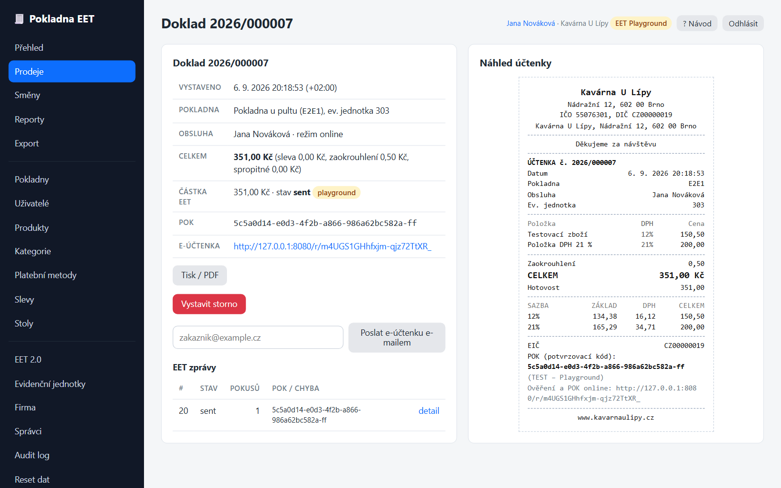 Detail dokladu v administraci s EET zprávou a náhledem účtenky