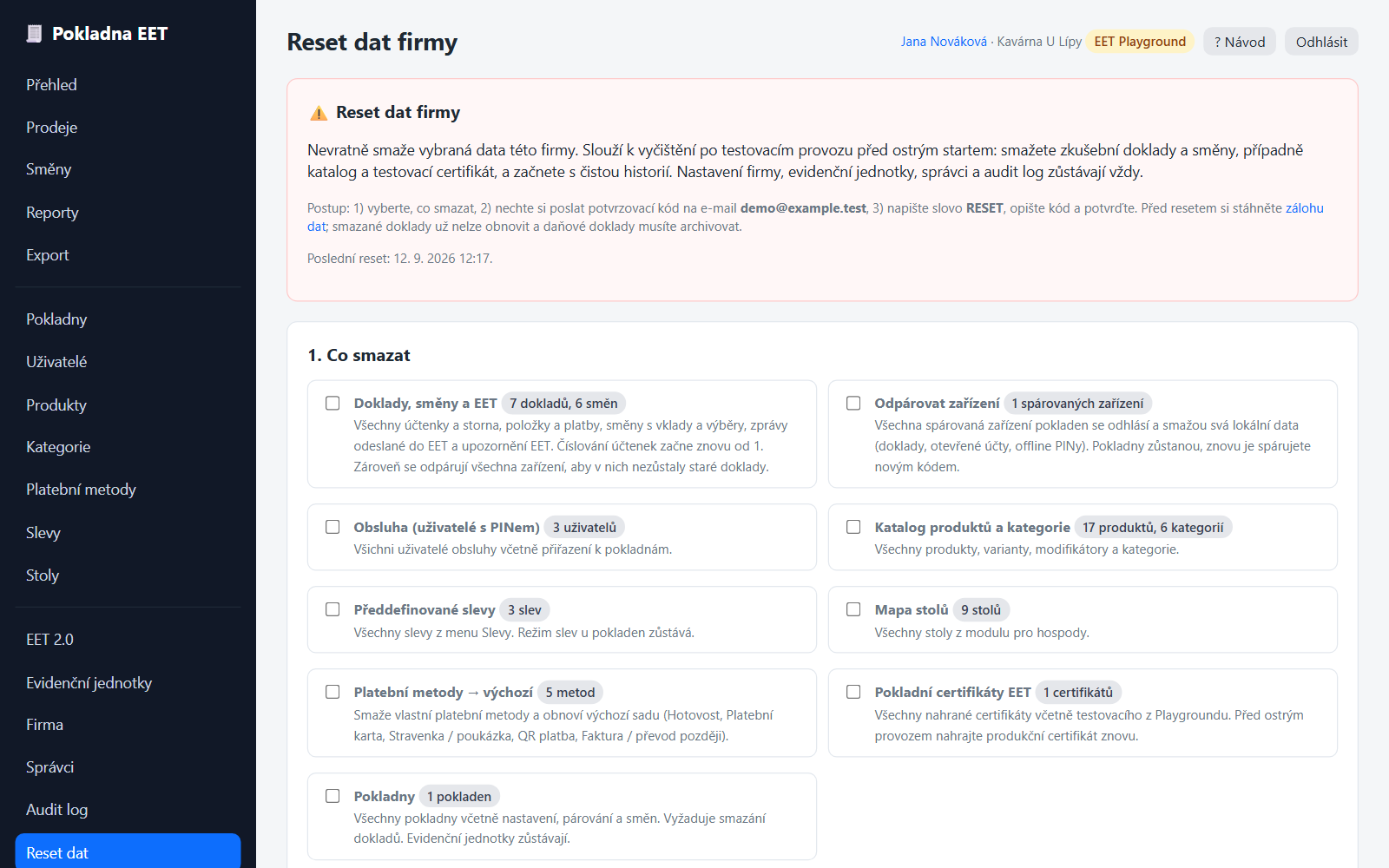 Stránka Reset dat firmy s výběrem okruhů