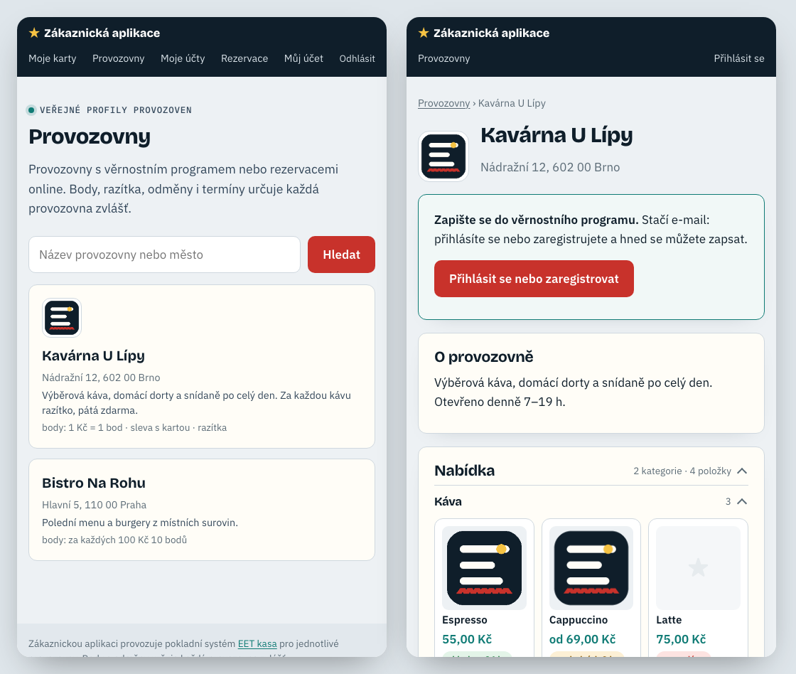 Zákaznická aplikace: provozovny a veřejný profil