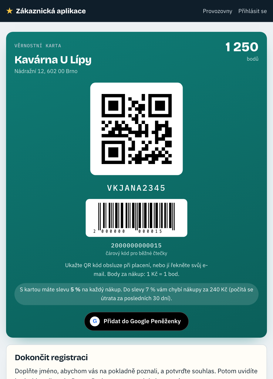 Zákaznická aplikace: karta s QR kódem